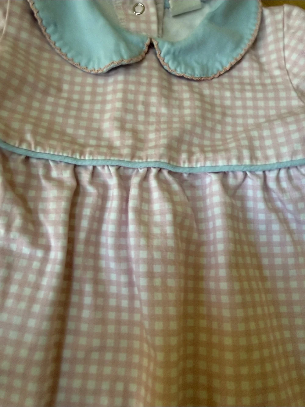 Pink Gingham Footed One-Piece with Light Blue Collar